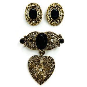 Vintage Filigree Heart Dangle Brooch Earring Set